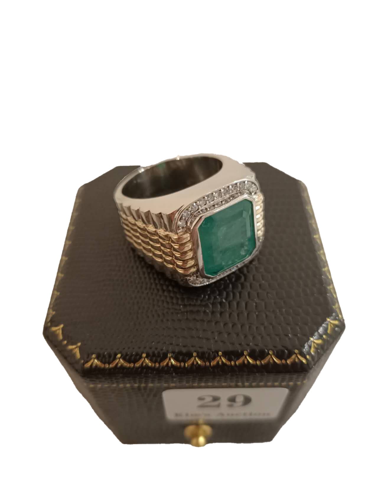 9ct yellow and white gold emerald and diamond ring emerald 12.35ct with 0.34ct diamond
